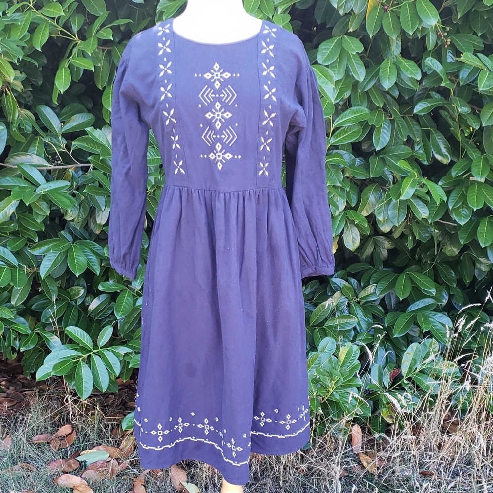 ehka sopo Embroidered Navy Blue Lined Girlgoodcore Cotton Medium Dress